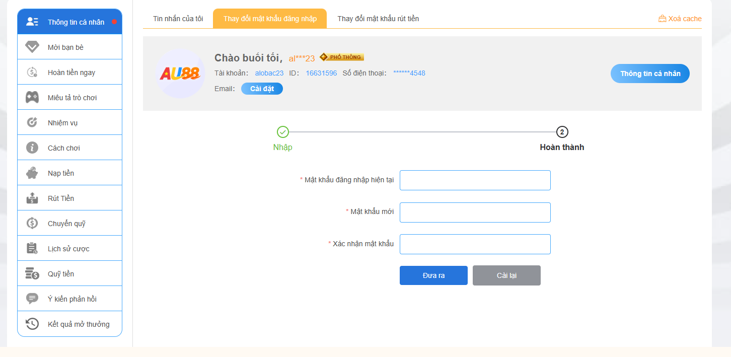 Hướng dẫn cách đổi mật khẩu AU88 chi tiết